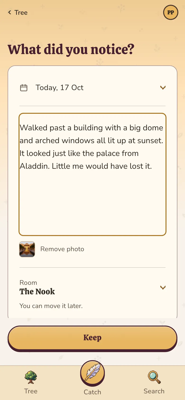 The What did you notice? screen with a few lines typed, a photo attached, and the Keep button.