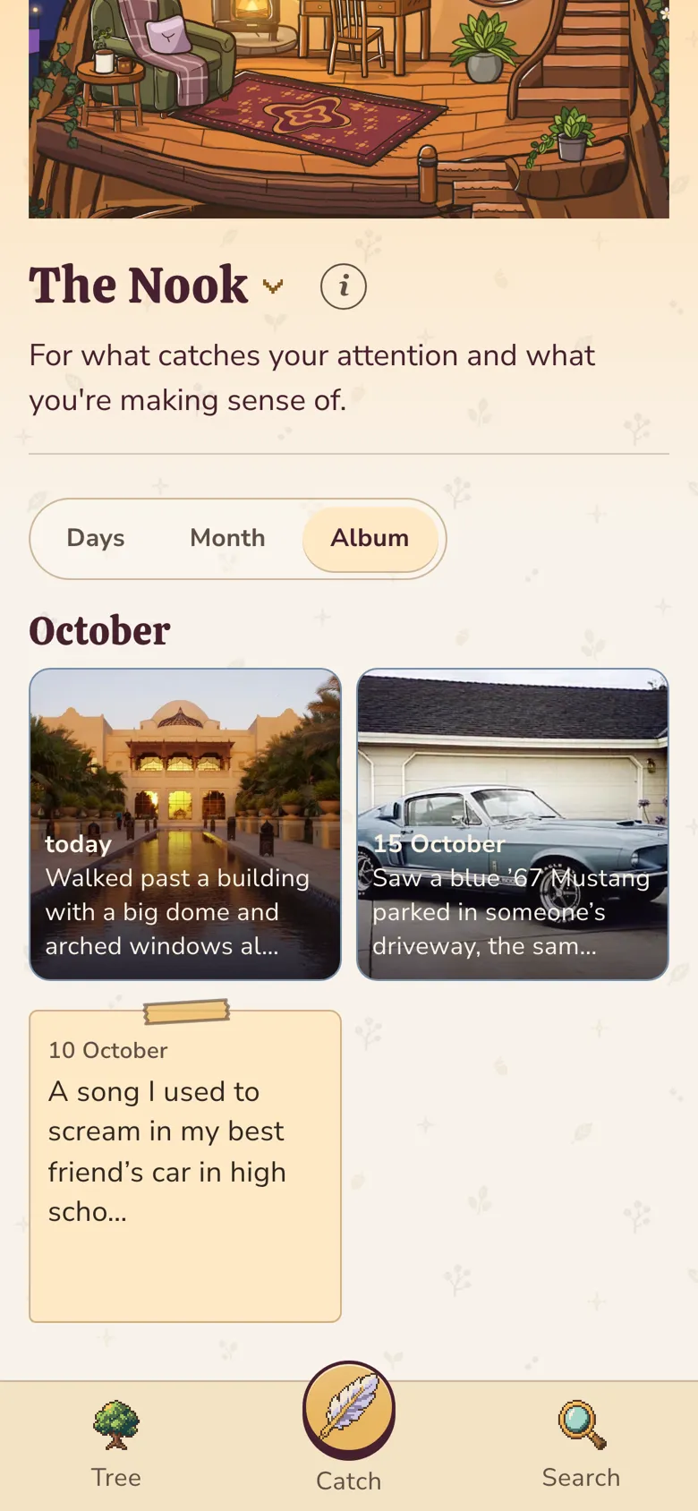 The Album view of October, with three kept moments shown as tiles.