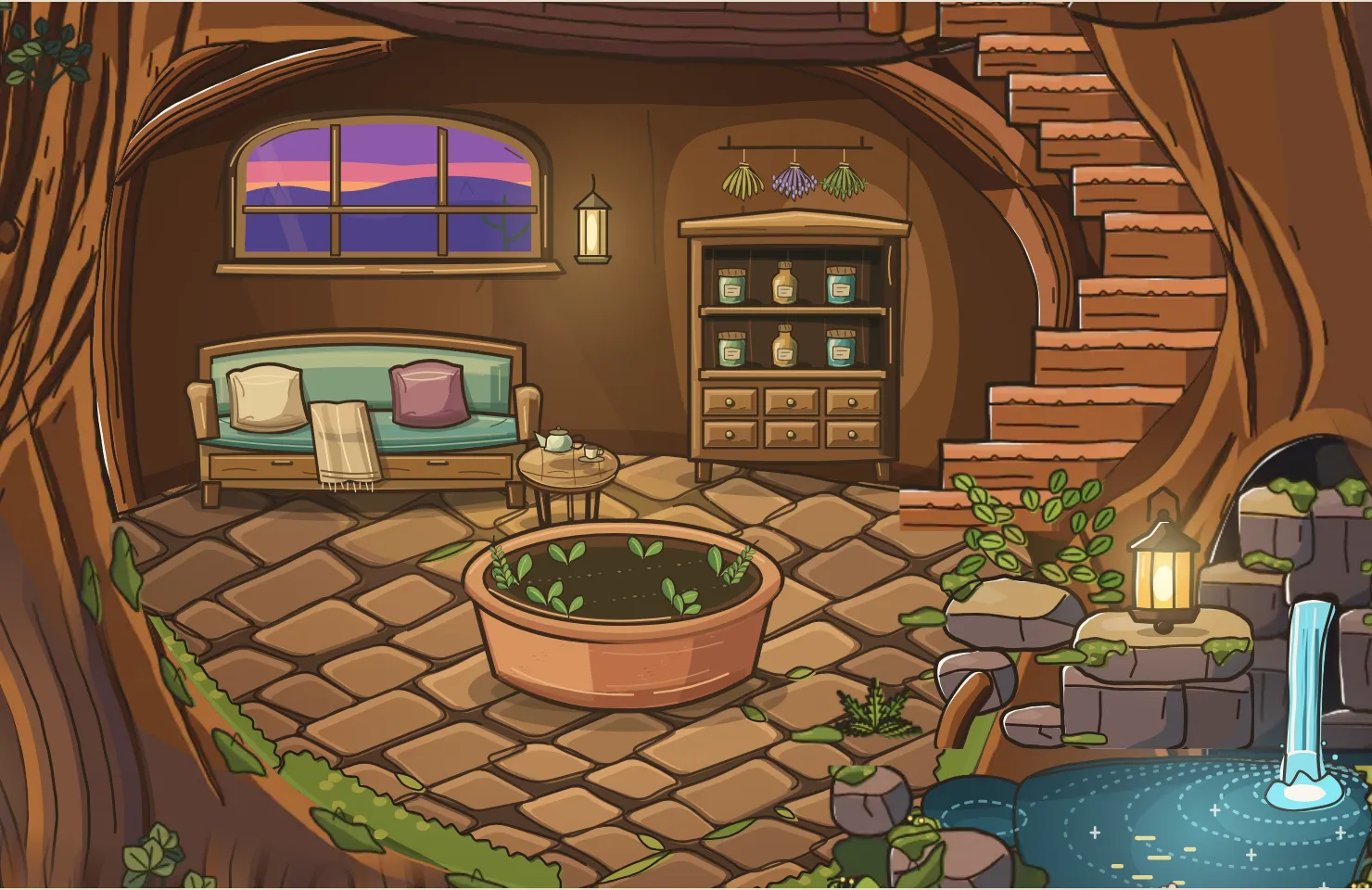 The Den, with a cushioned daybed, shelves of jars, and a garden pot among the roots.