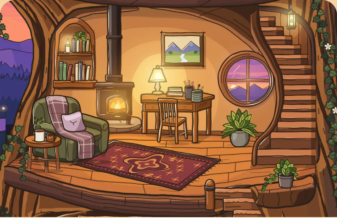 The Nook, with an armchair, a writing desk, and a fireplace.