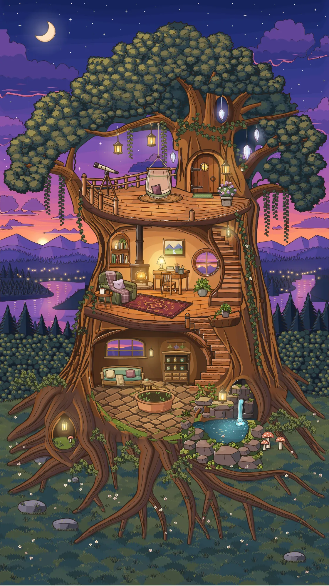 A view into the Project Joy treehouse at evening, with three warmly lit rooms among its branches and roots.