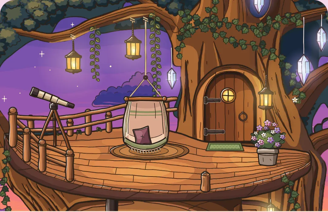 The Treetop, with a hanging chair, telescope, and lanterns.